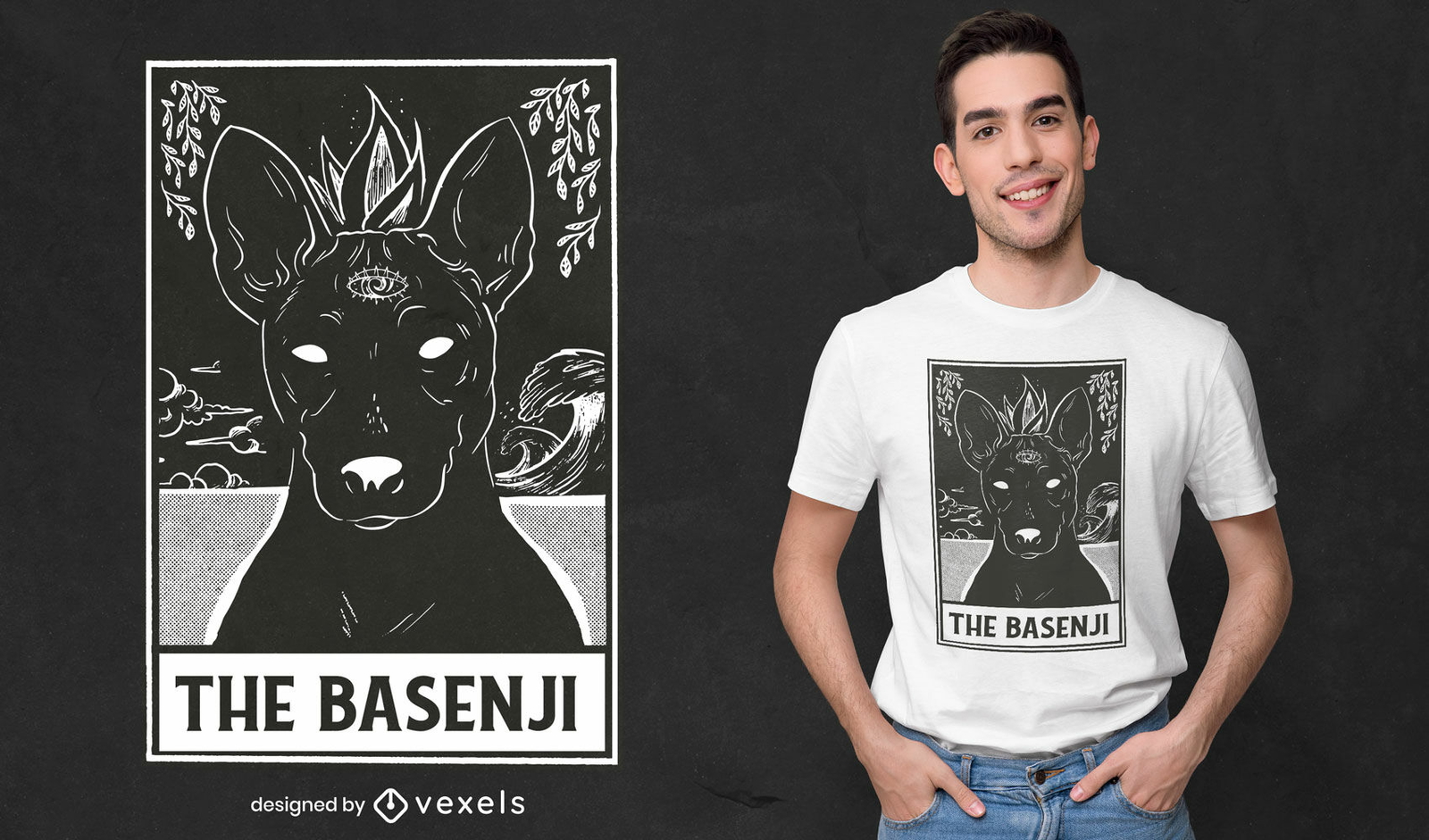 Design de camiseta de cartão de tarô de cachorro Basenji