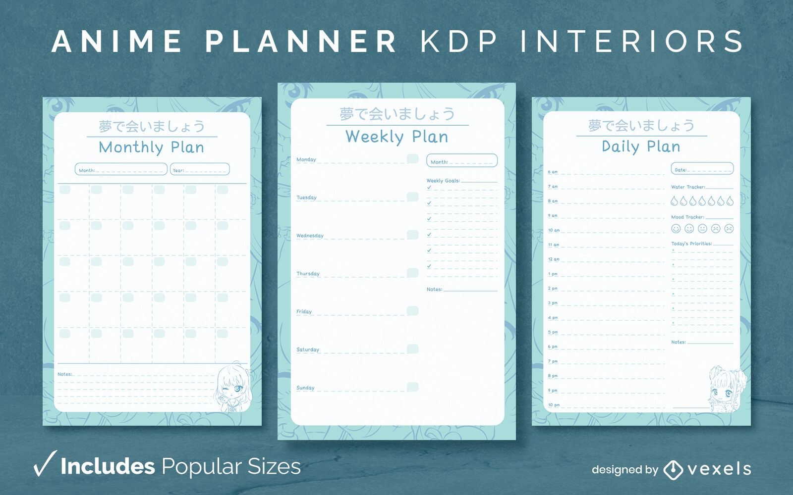 Plantilla de diario de planificador de anime Diseño de interiores KDP