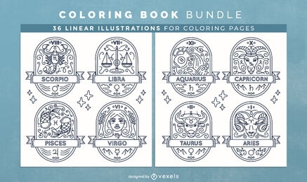 Signos del horóscopo para colorear páginas de diseño de libros