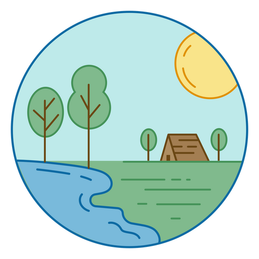 Cabaña en el paisaje del círculo del lago. Diseño PNG