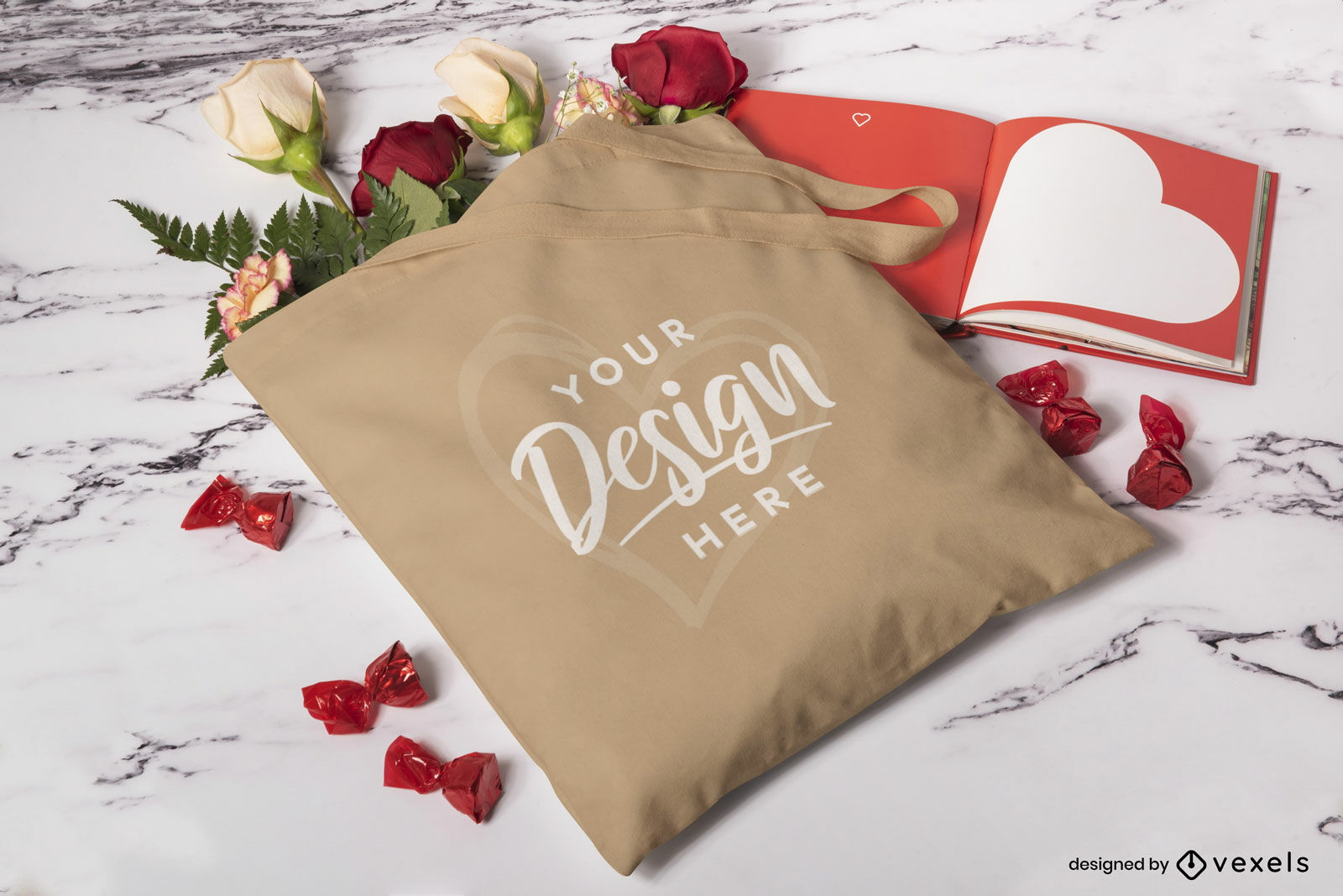 Valentine's day tote bag with roses mockup design