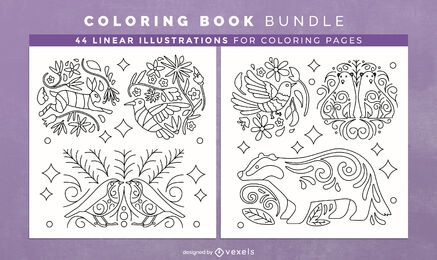 Páginas de design de livro de colorir de animais de arte de linha