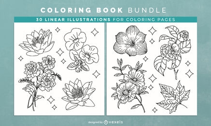 Páginas de diseño de libros para colorear de plantas y flores.