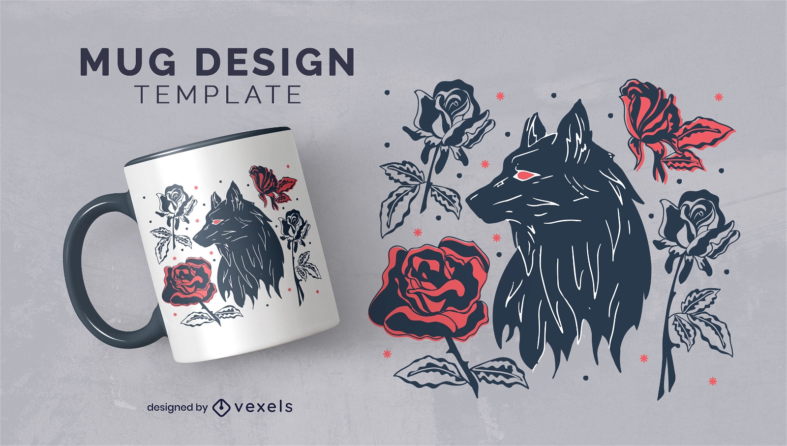 Diseño de taza de lobo oscuro y rosas.