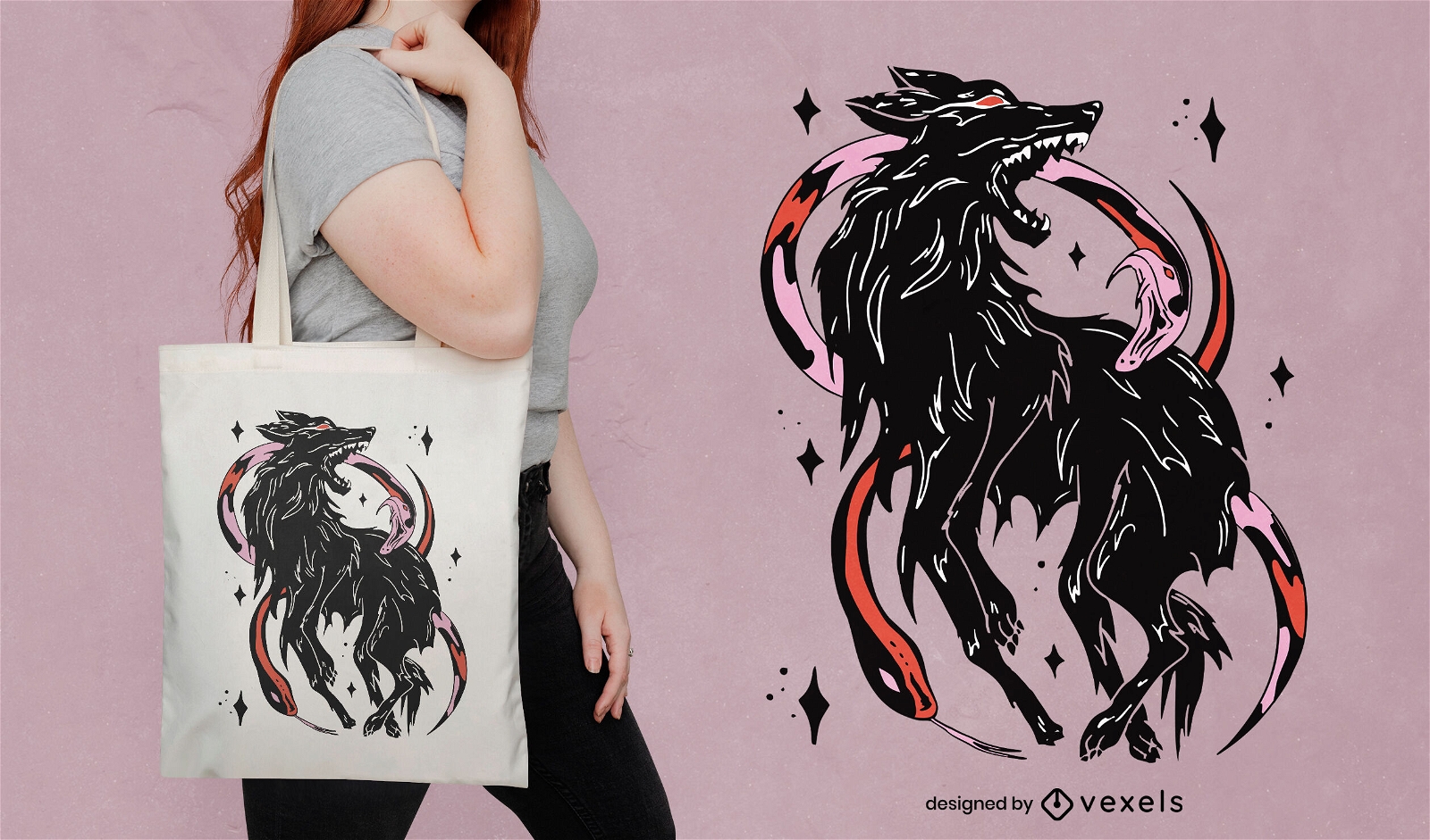 Dark wolf and snakes tote bag design