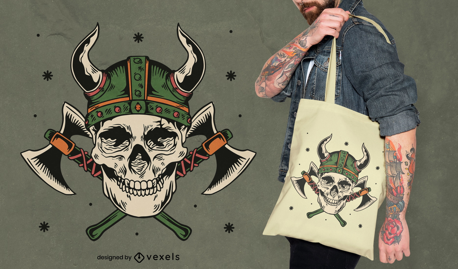 Diseño detallado de bolso tote con calavera vikinga