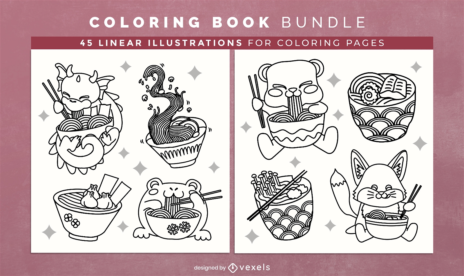 Páginas de design de livro para colorir de animais Ramen