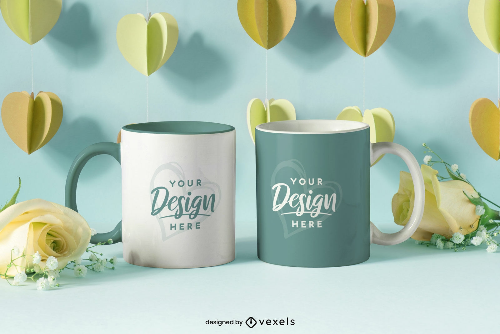 Paper hearts and rose flowers mugs mockup