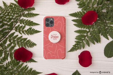 Maquete de capa de telefone de pétalas de rosa e folhas