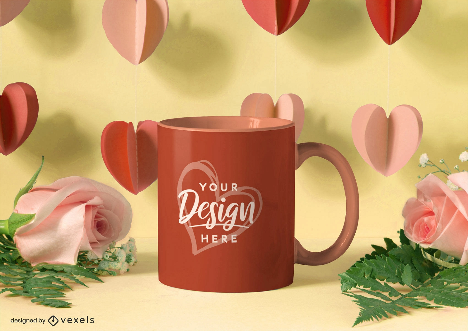 Pink roses and paper hearts mug mockup