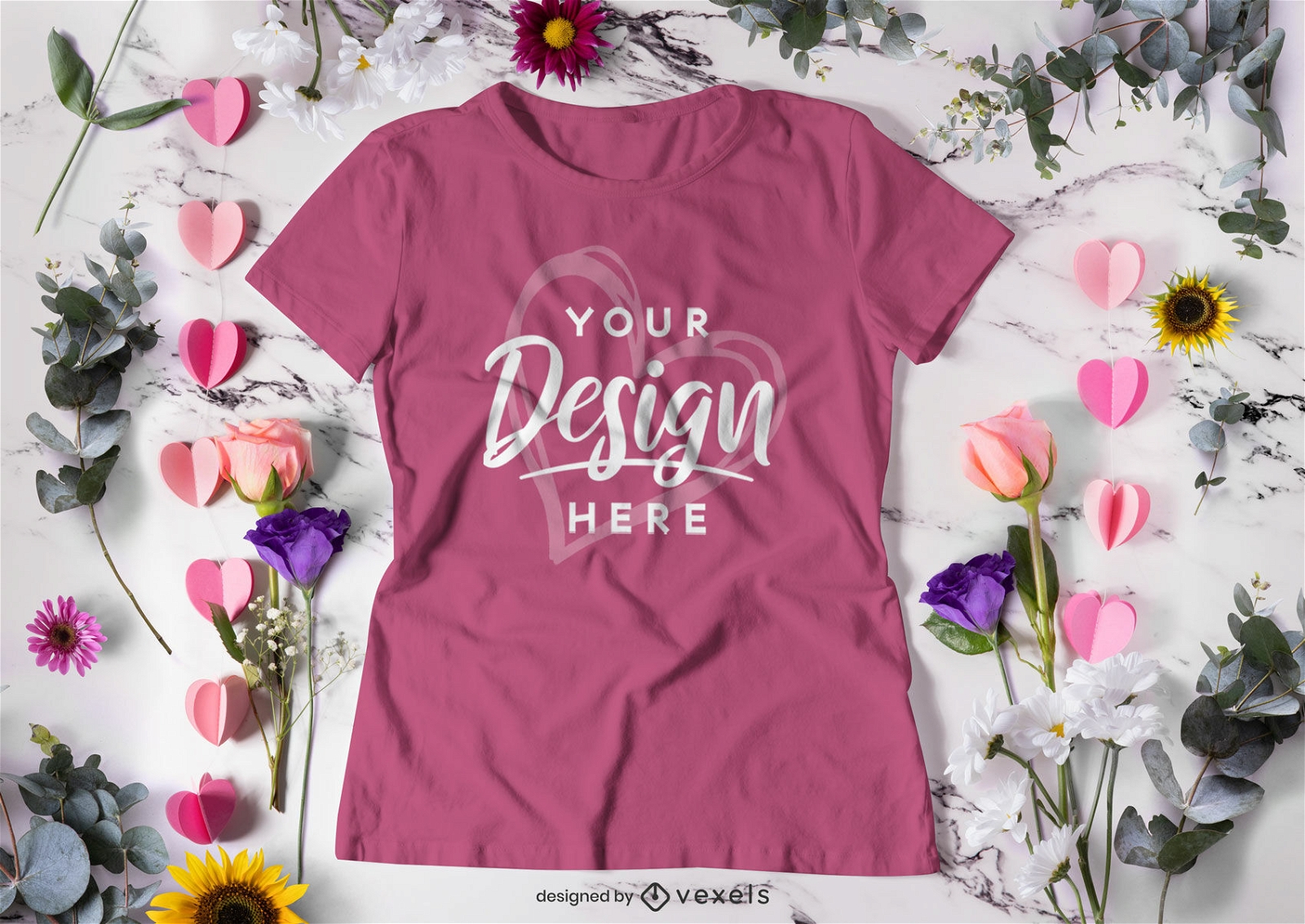 Flowers and paper hearts t-shirt mockup