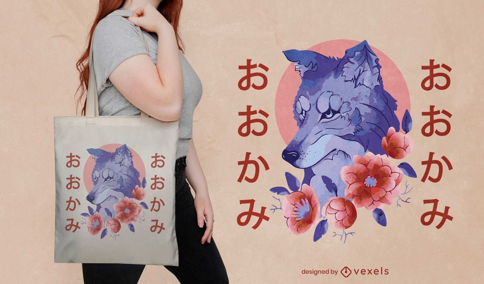 Diseño de bolso de mano con lobo japonés