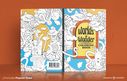 Design de capa de livro para colorir mundos de maravilhas