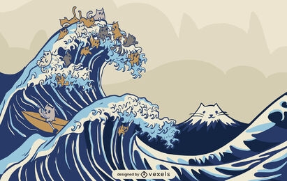 Cats in a big wave illustration design