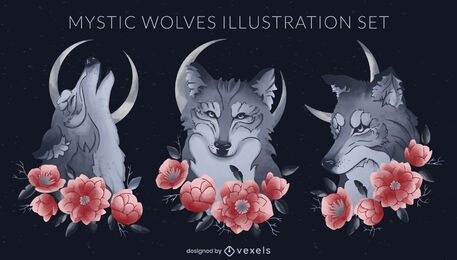 Conjunto de ilustração de lobos místicos