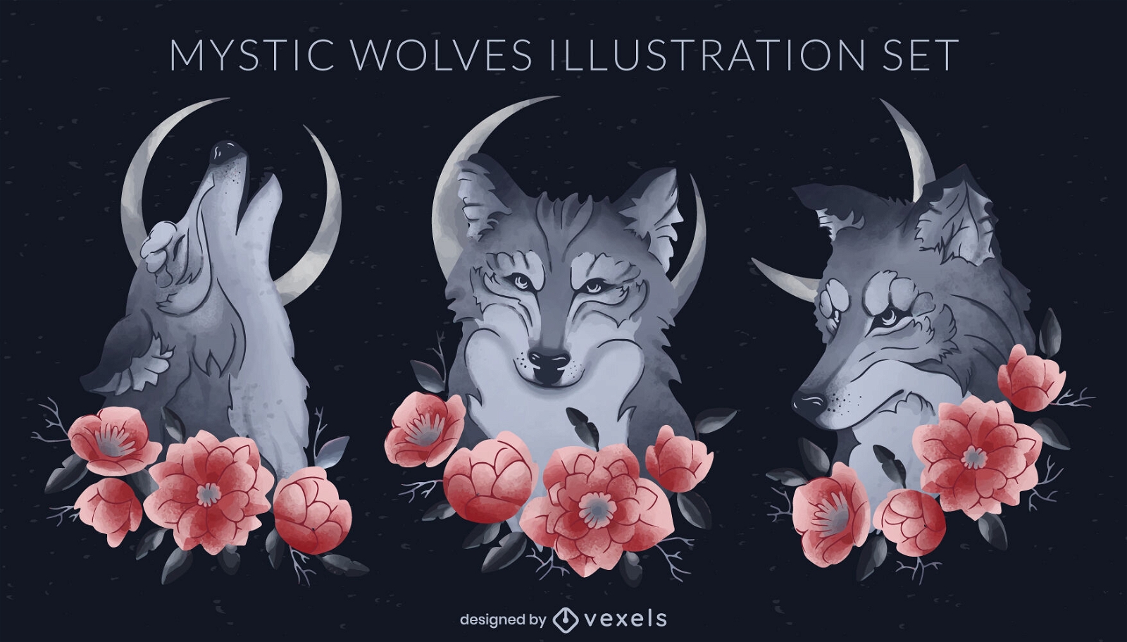 Conjunto de ilustración de lobos místicos