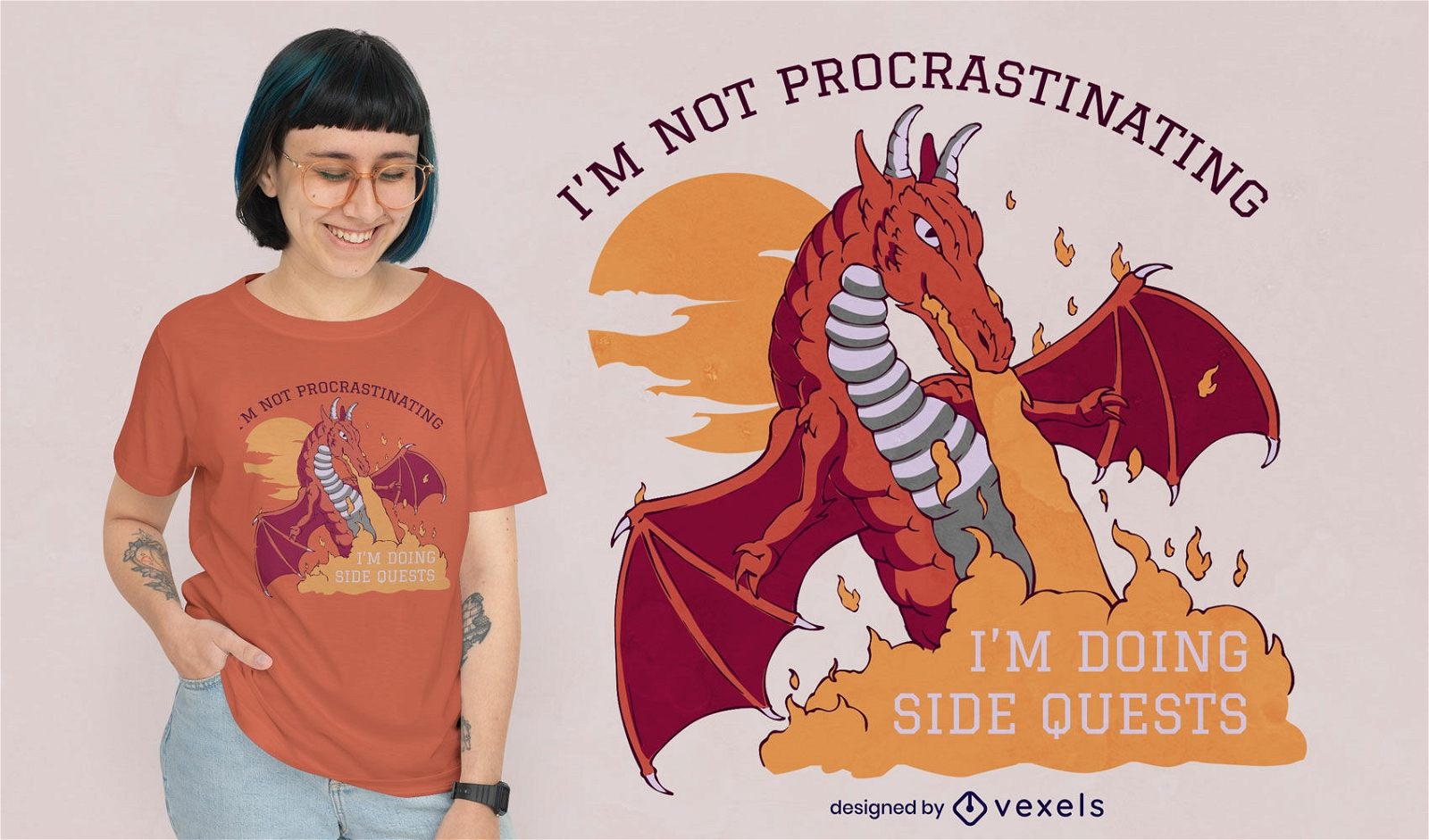 Design de camiseta de dragão procrastinando