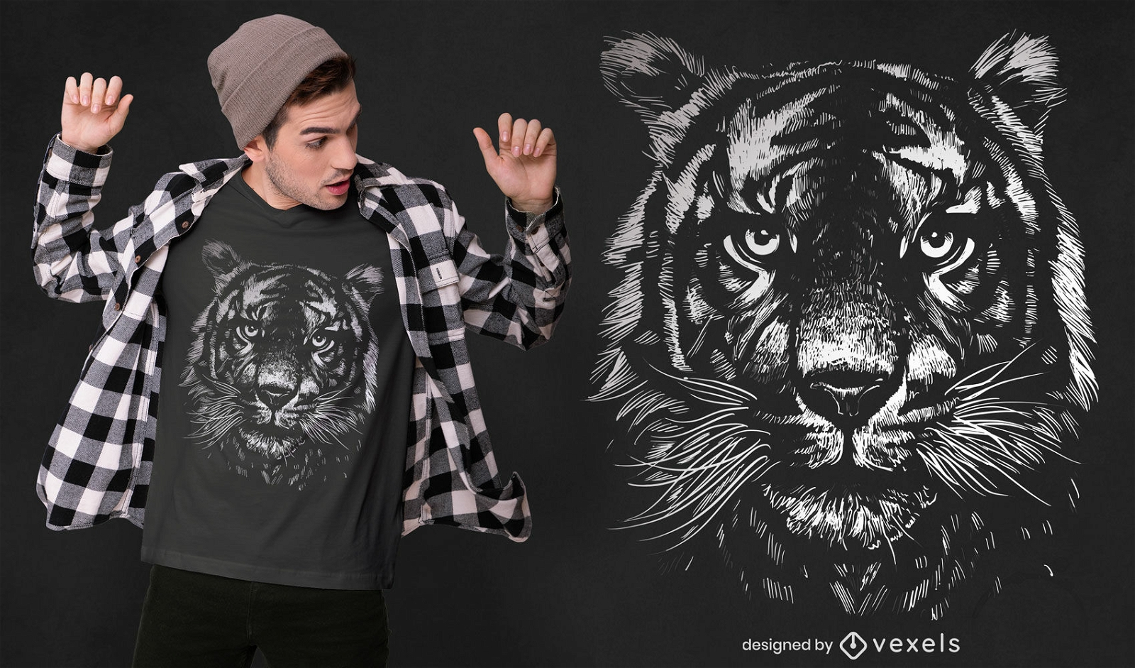 Design de camiseta de tigre monocromático