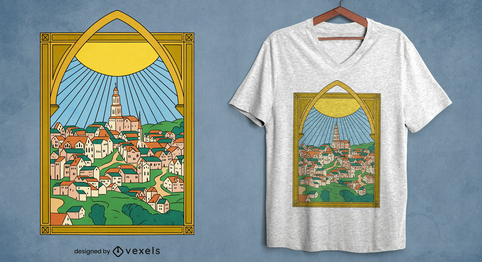 Design de camiseta de paisagem de cidade medieval