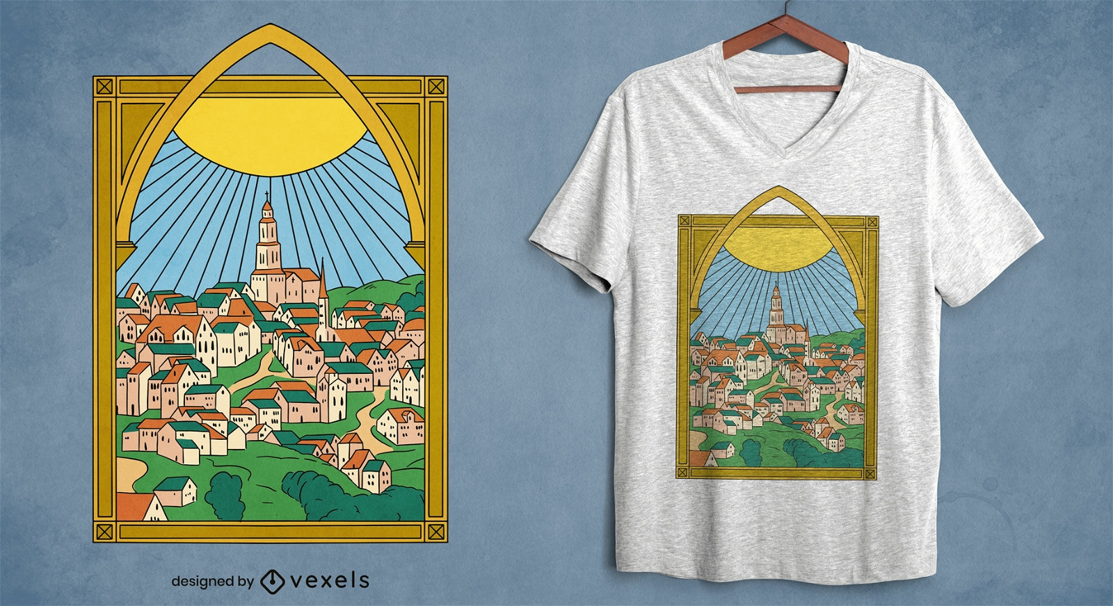 Dise?o de camiseta de paisaje de ciudad medieval.