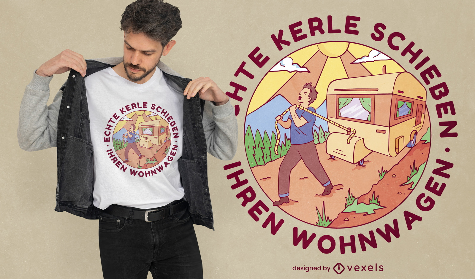 Mann, der Wohnmobil-Anhänger-T-Shirt-Design zieht