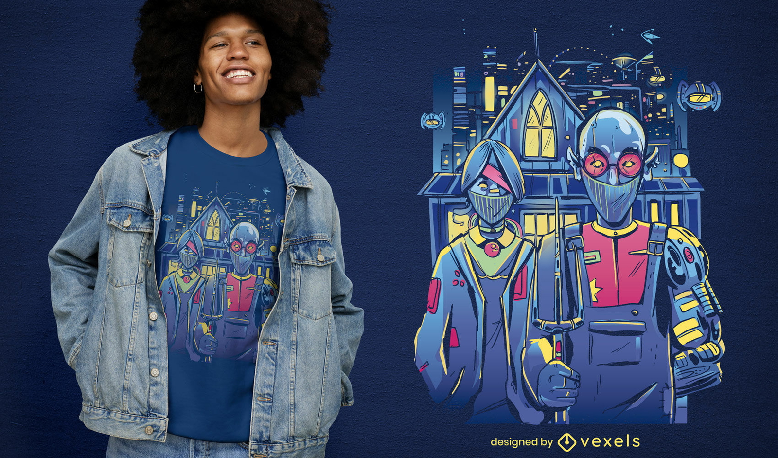 Pareja cyberpunk en diseño de camiseta de ciudad.