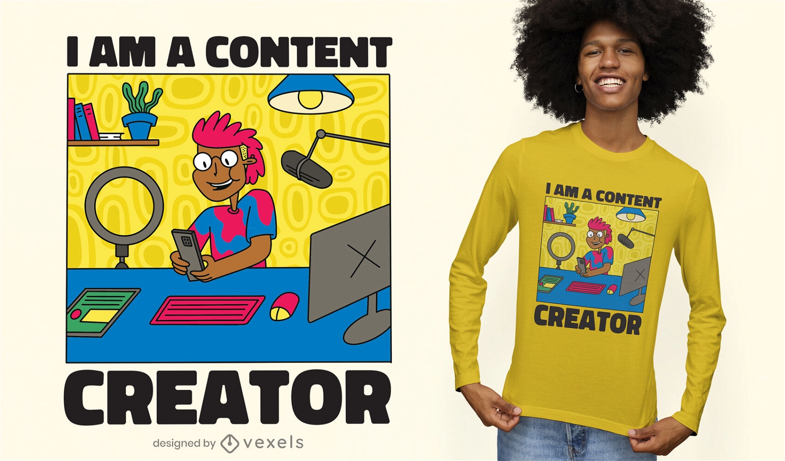 Homem de desenho animado com design de camiseta de tecnologia
