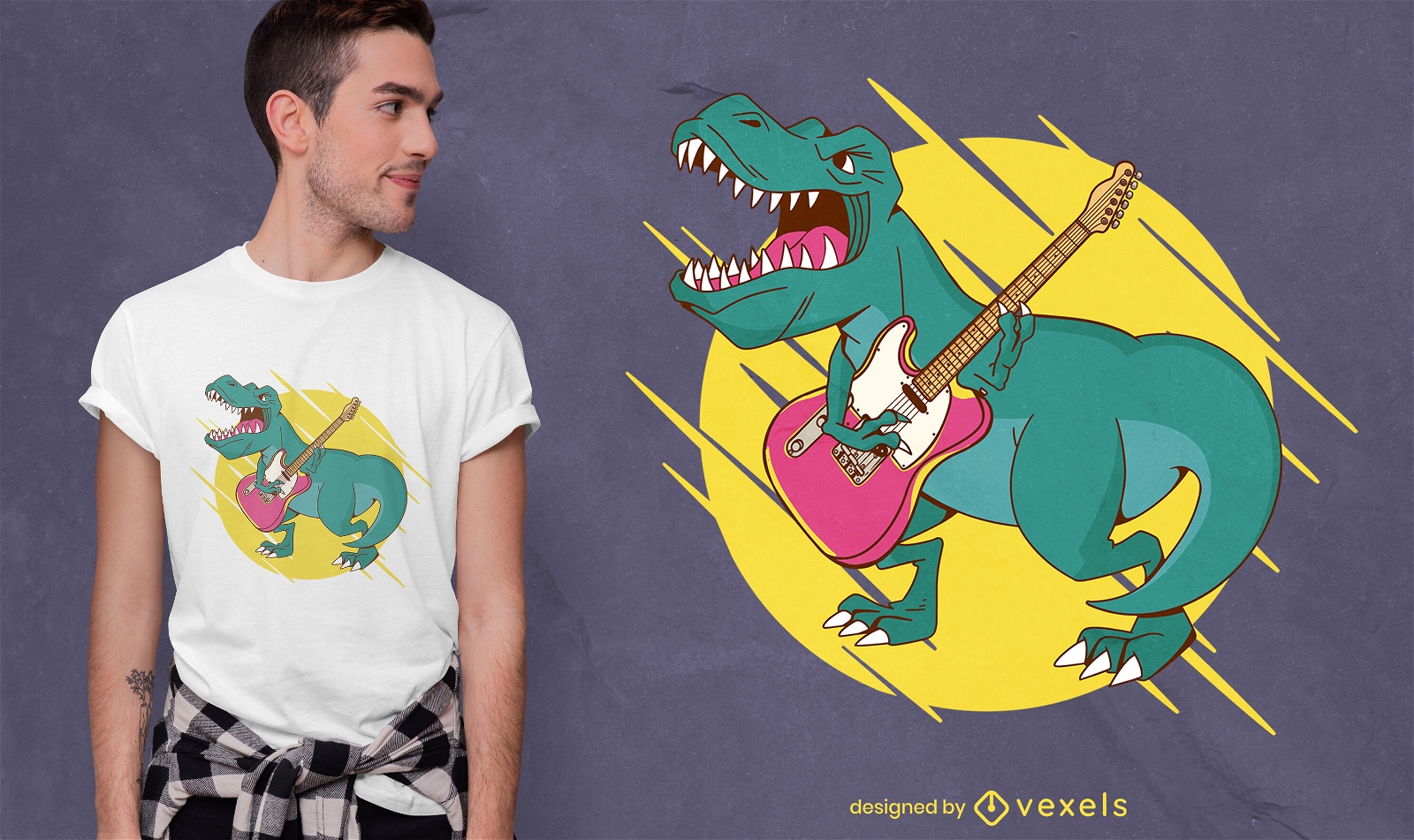 Diseño de camiseta de dinosaurio T-rex tocando la guitarra