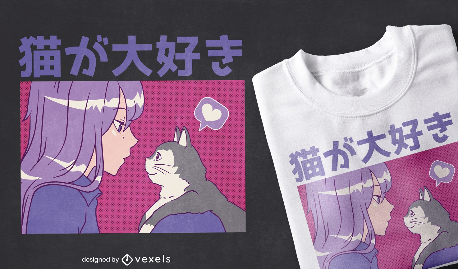 Anime-M?dchen und Katzen-T-Shirt-Design