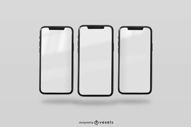 Três smartphones na maquete de fundo sólido