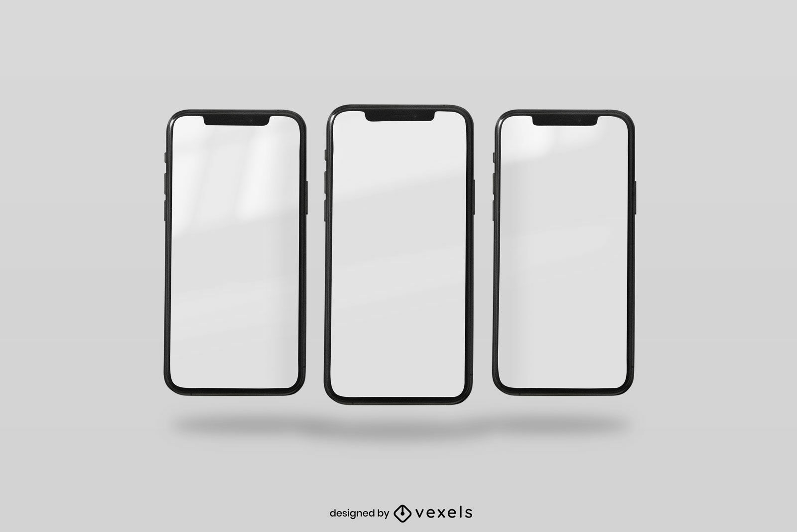 Três smartphones na maquete de fundo sólido