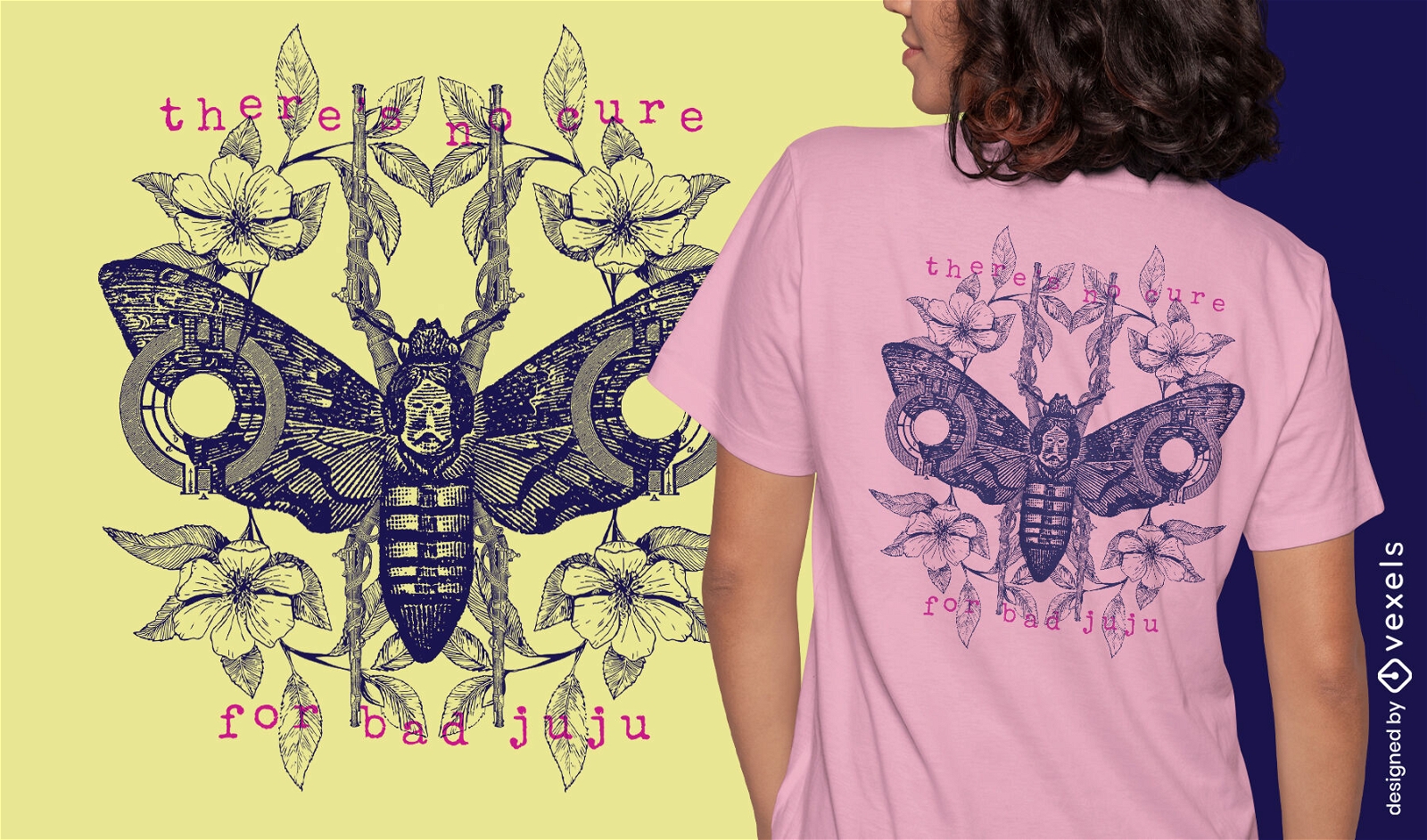 Motte und Blumen handgezeichnetes Natur-T-Shirt PSD
