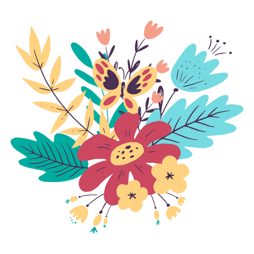 Folhas de flores e borboletas Desenho PNG