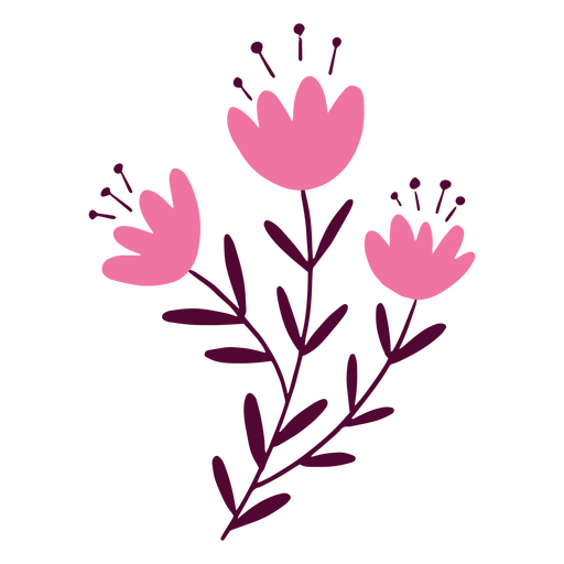 Drei rosa Blüten und Blätter PNG-Design