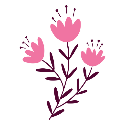 Três flores e folhas cor de rosa Desenho PNG