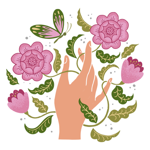 Mão com flores e folhas Desenho PNG