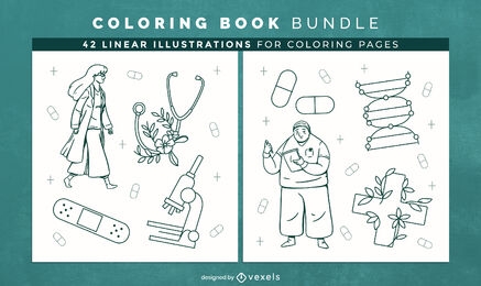 Páginas de design de livro para colorir de medicina e ciência