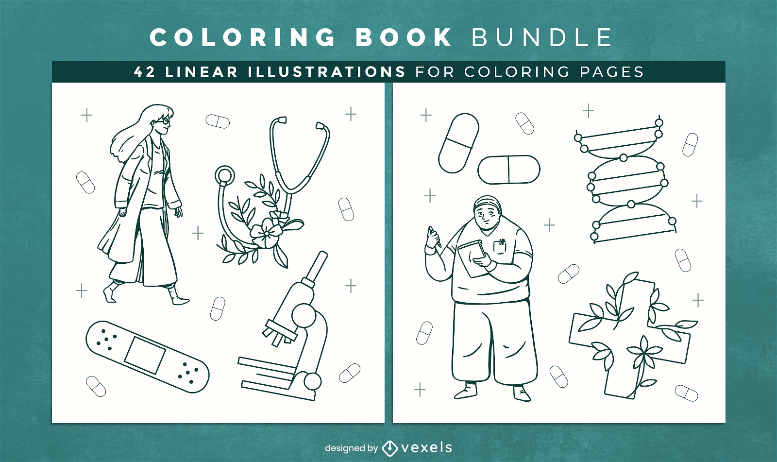 Páginas de design de livro para colorir de medicina e ciência