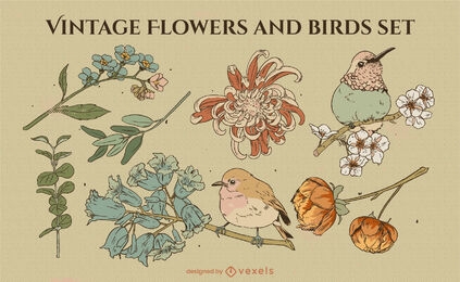 Conjunto vintage de flores y pájaros