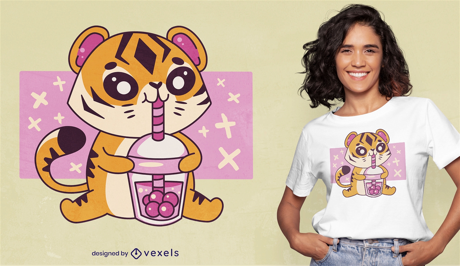 Diseño de camiseta de té de tigre y boba kawaii