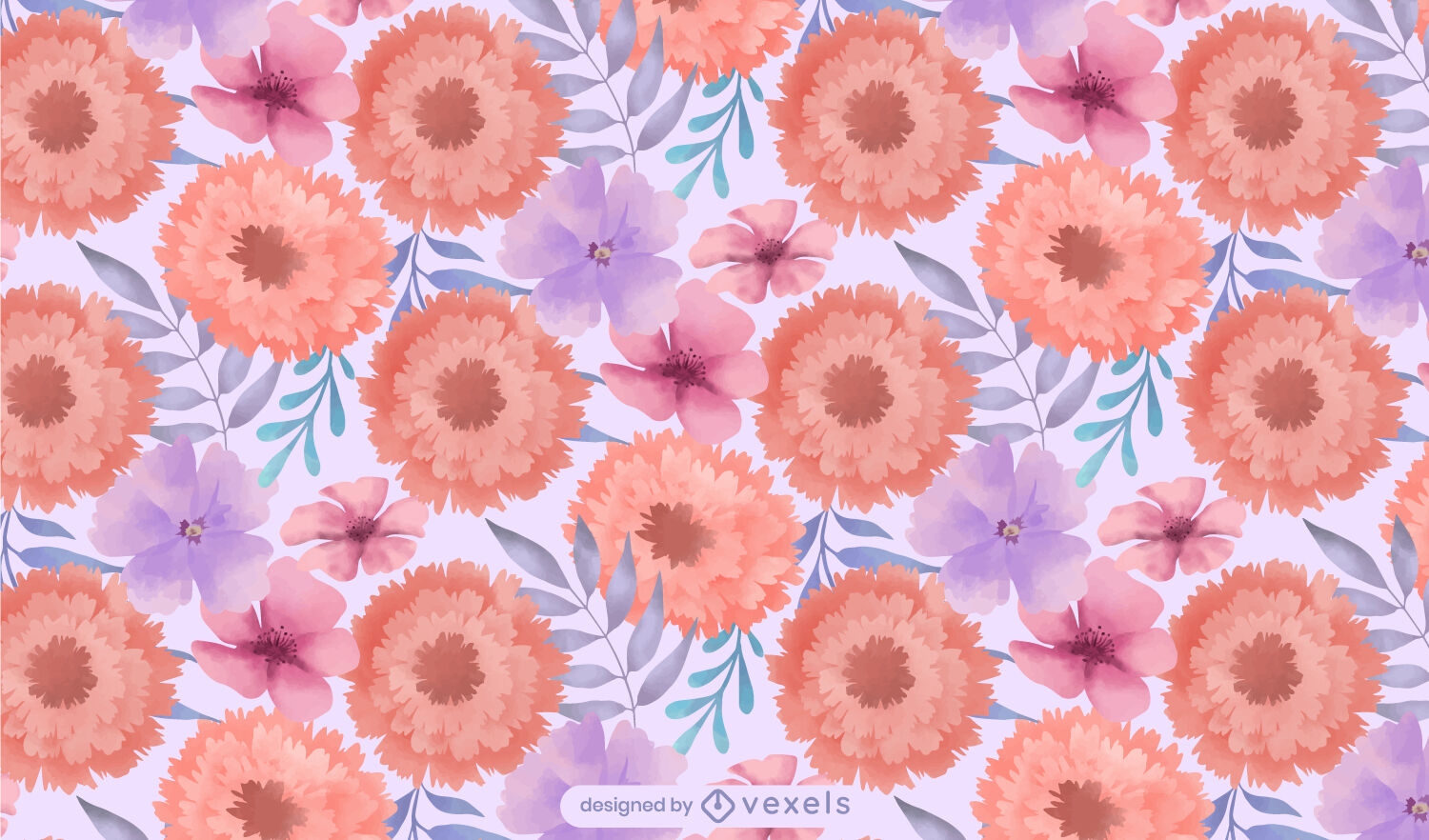 Watercolor flowers and leaves pattern design
