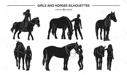 Conjunto de siluetas de niña y caballos