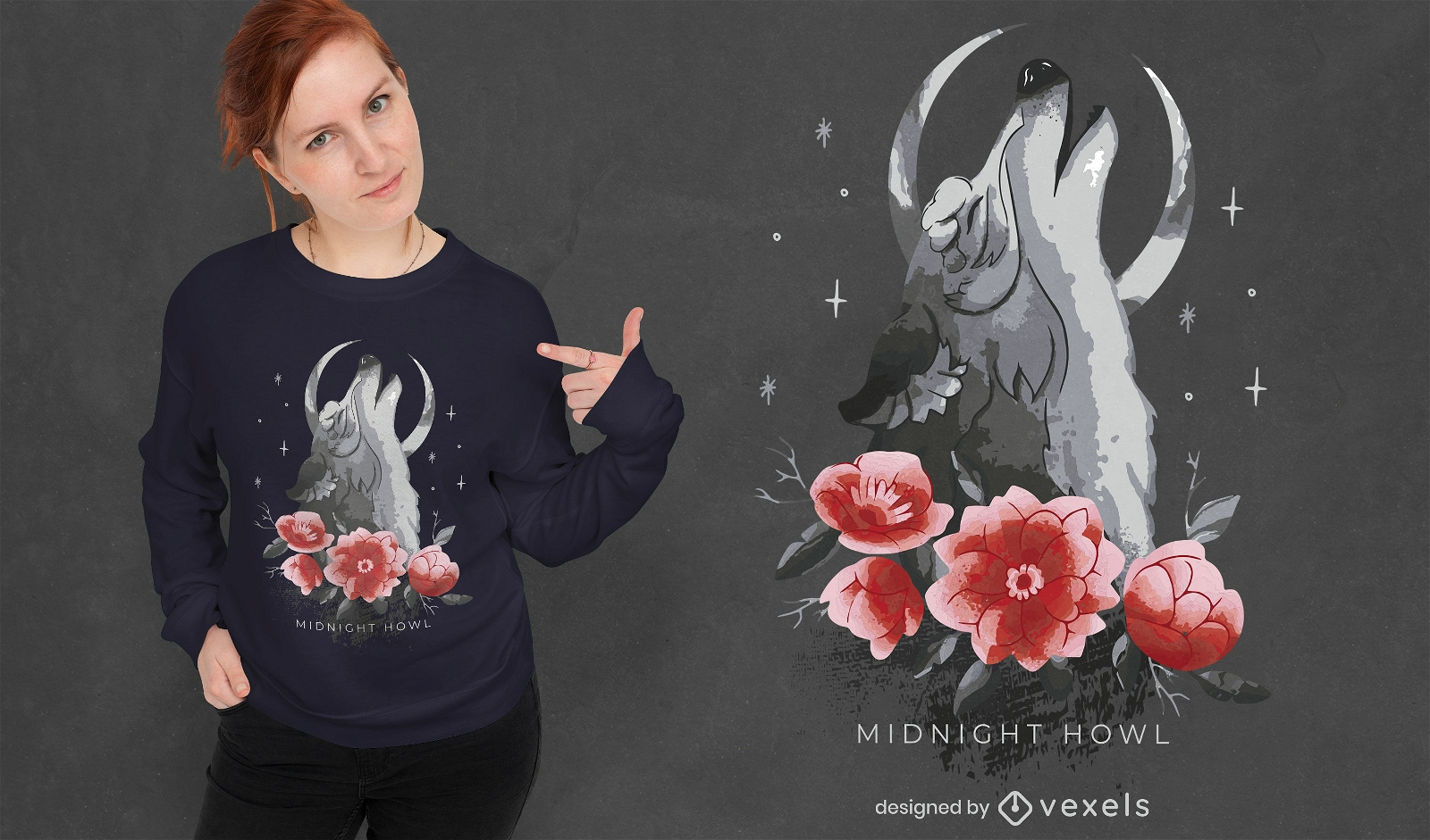 Design floral de camiseta de lobo uivante