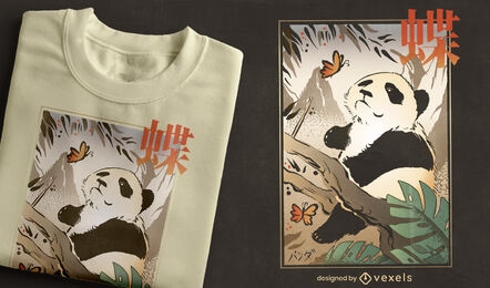Design de camiseta japonesa de borboleta e panda