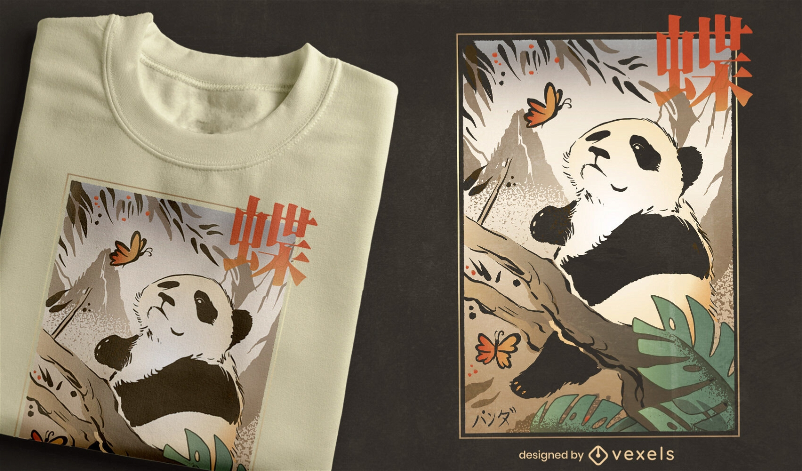 Dise?o de camiseta japonesa mariposa y panda.