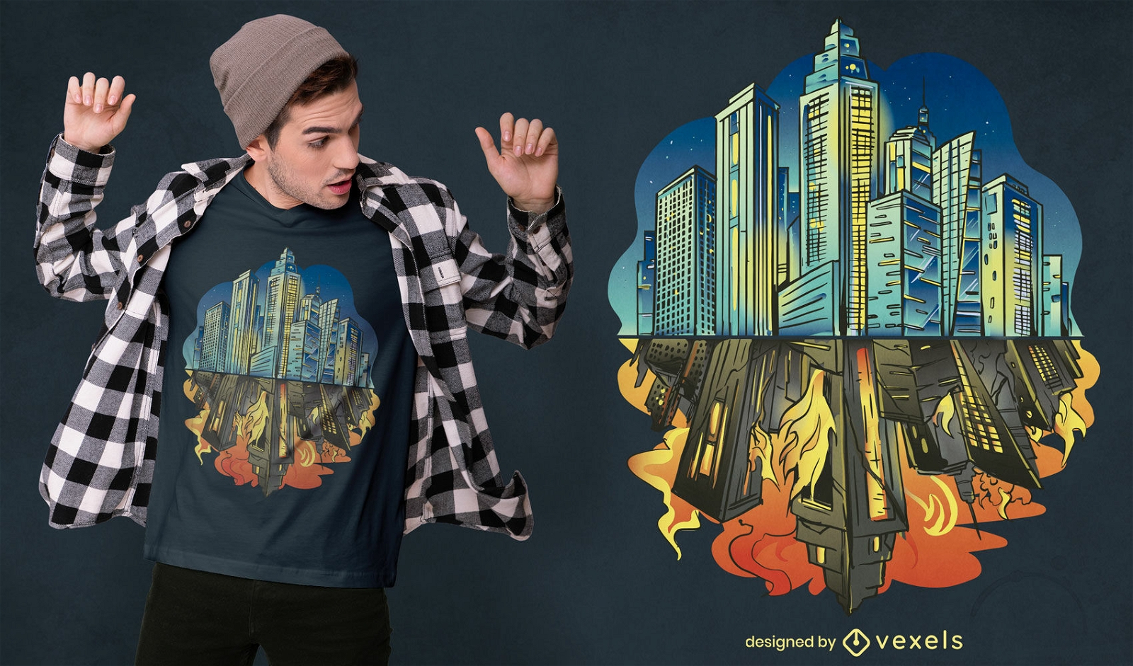 Diseño de camiseta de reflejo de ciudad oscura.