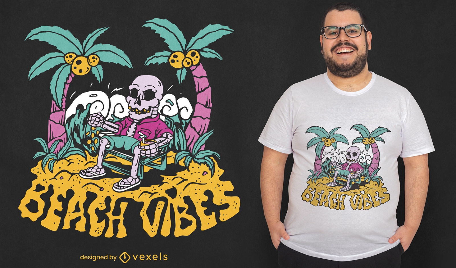Diseño de camiseta de esqueleto de vibraciones de playa.