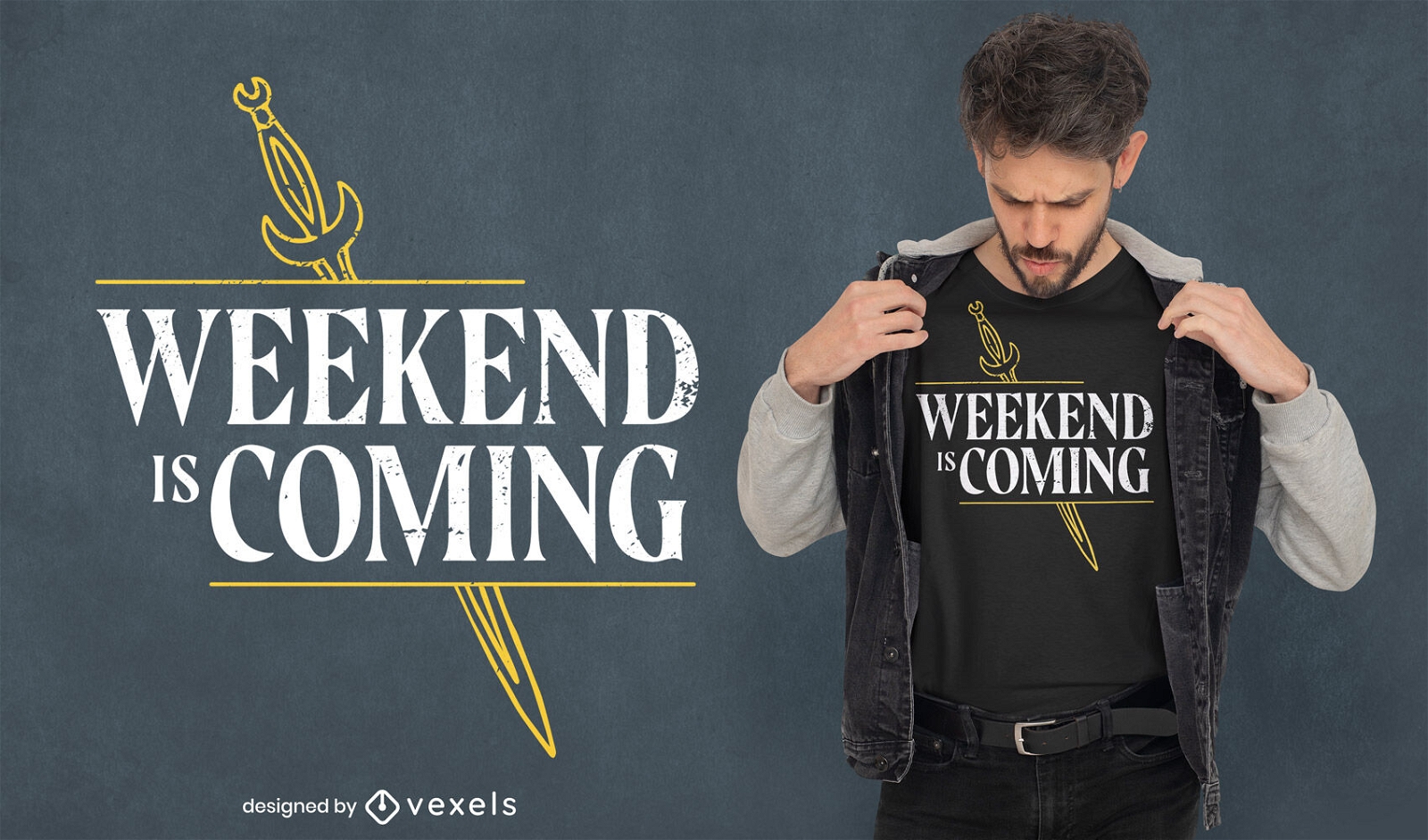 O fim de semana está chegando design de camiseta de espada