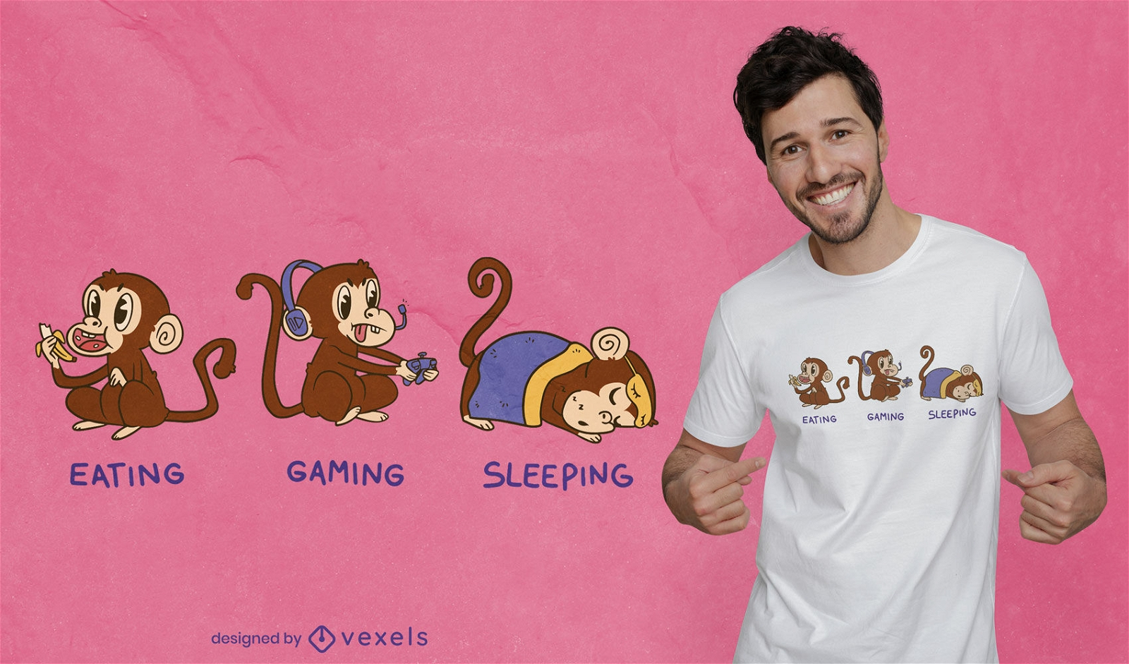 Diseño de camiseta de monos durmiendo comiendo juegos