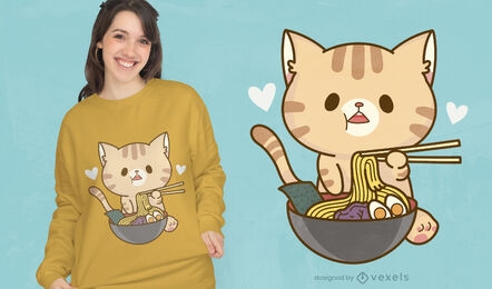 Diseño lindo de camiseta de gato ramen